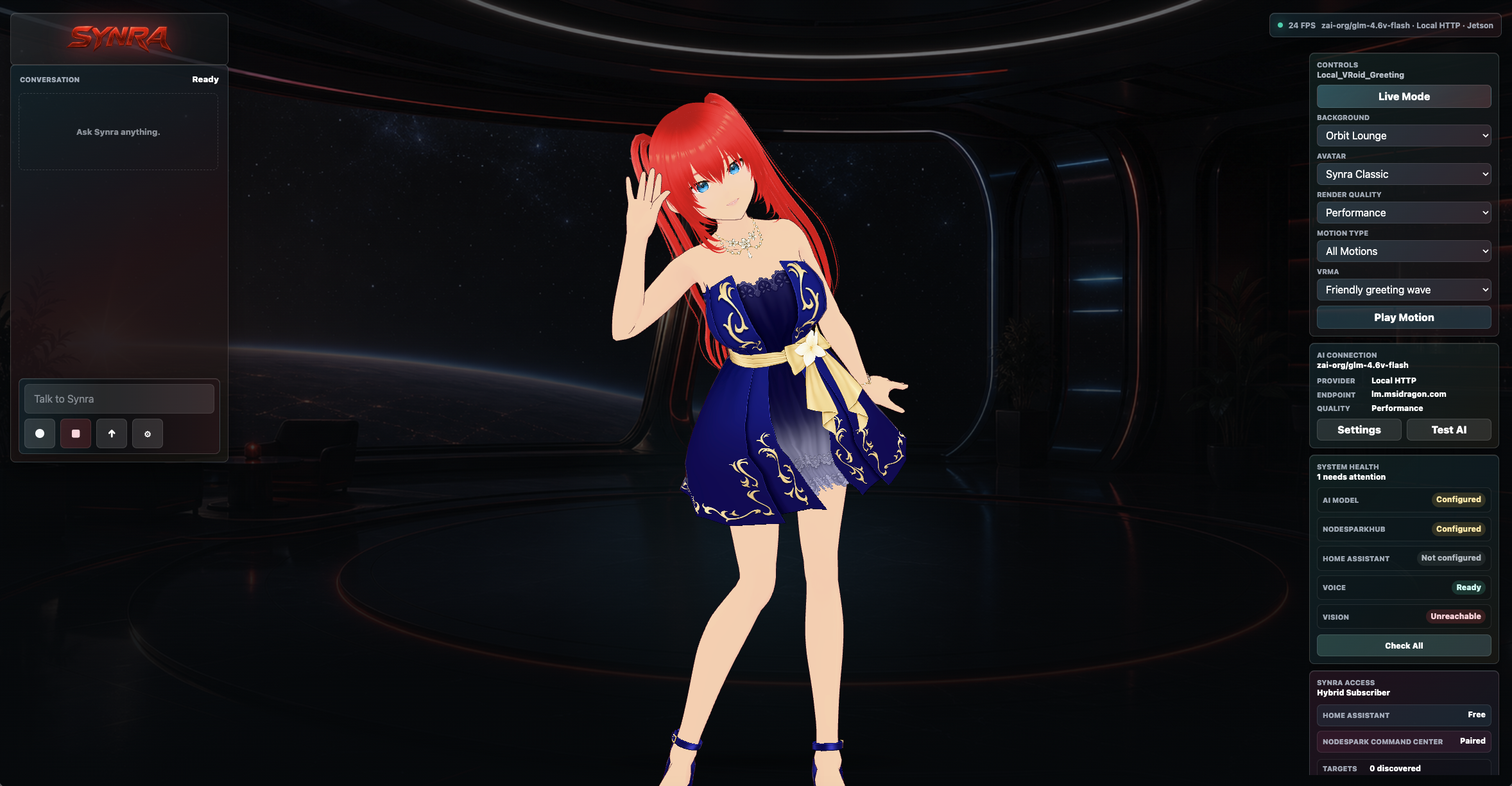Synra Classic waving in the Orbit Lounge companion runtime