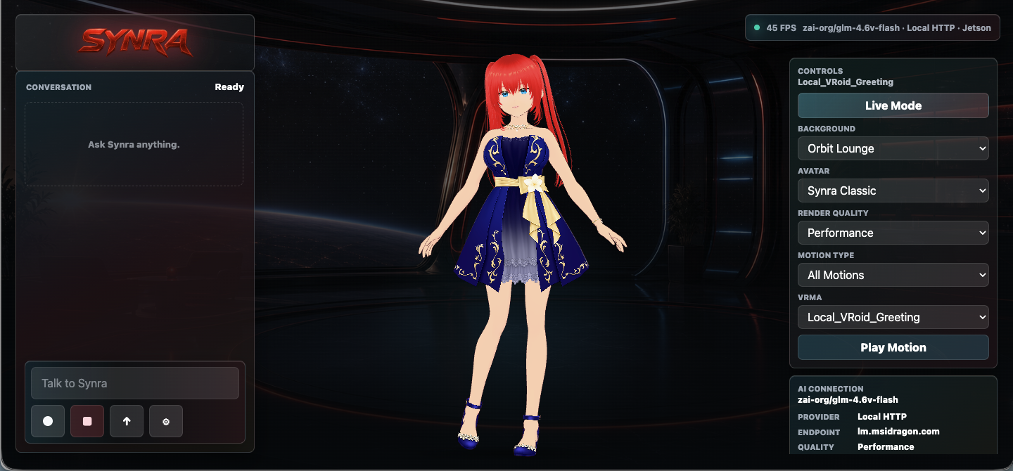Synra Classic standing in the Orbit Lounge live companion view