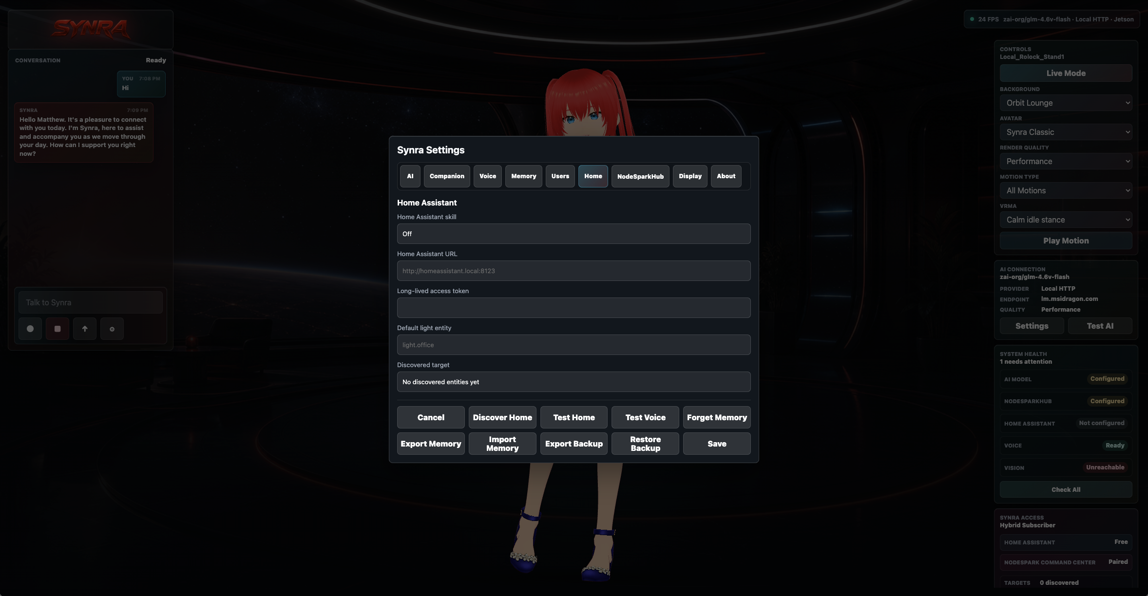 Synra settings panel with Home Assistant configuration